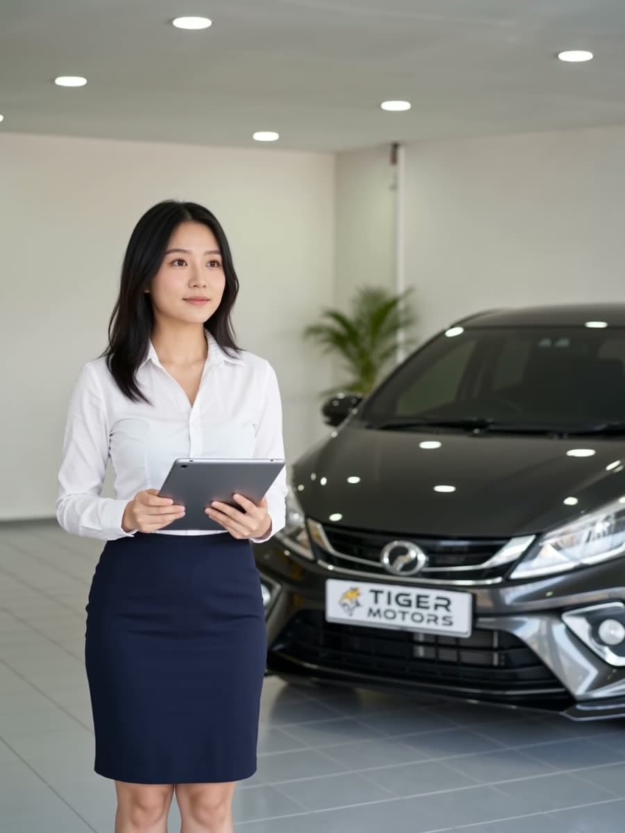 Penasihat Tiger Motors dengan sebuah kereta di bilik pameran Batu Kawa
